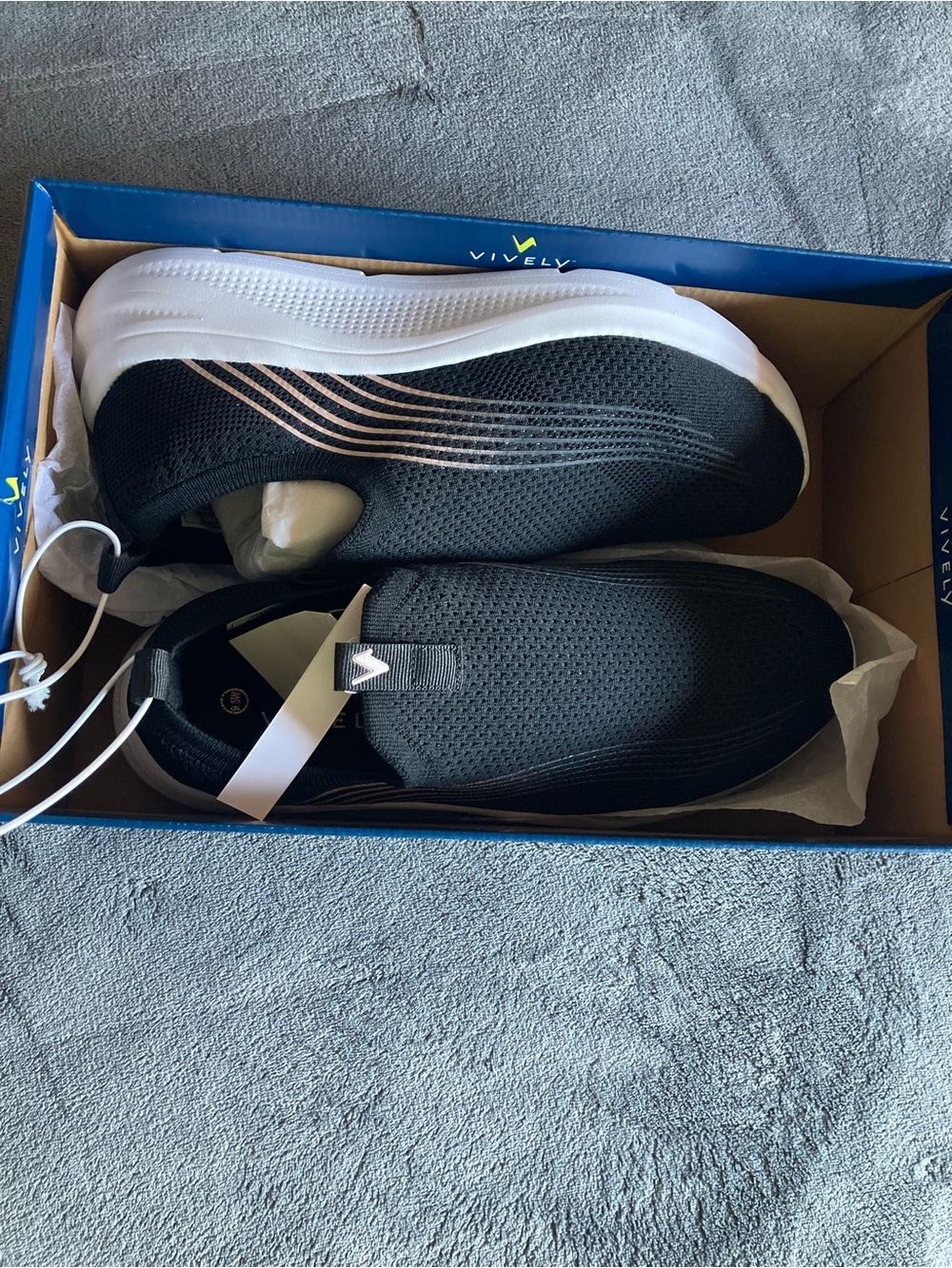 Slip-On Knit Walking Sneakers - Black with Rose Gold Stripes - Picture 2 of 7